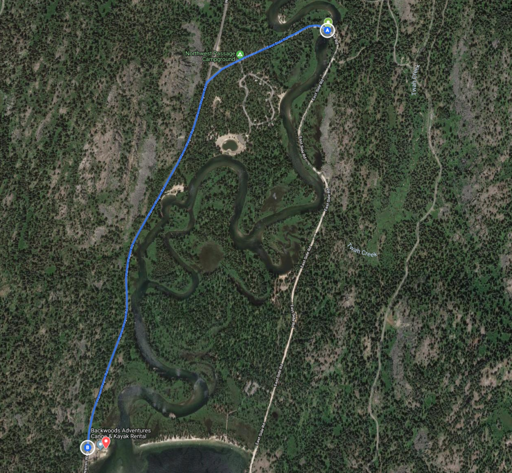 Map of shuttle route between put in and take out for floating river leading into Payette Lake near McCall Idaho and Ponderosa State Park.